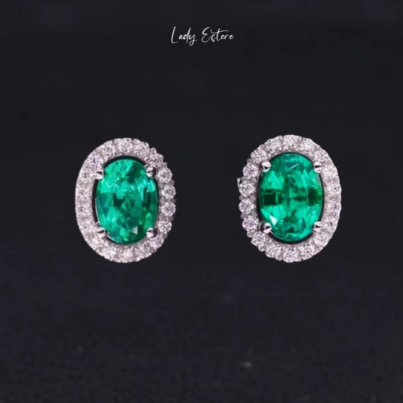 Oval Lab Grown Emerald Halo Studs (Solid White Gold) 14K Rose Gold Round Ruby & Diamond Earrings (lab-grown) Lady Estere Jewellery 18K