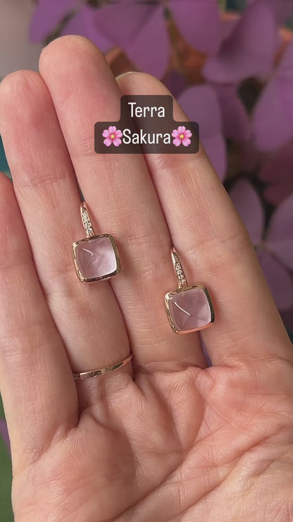 Terra-Sakura | Rose Quartz Drop Earrings (Solid Gold)