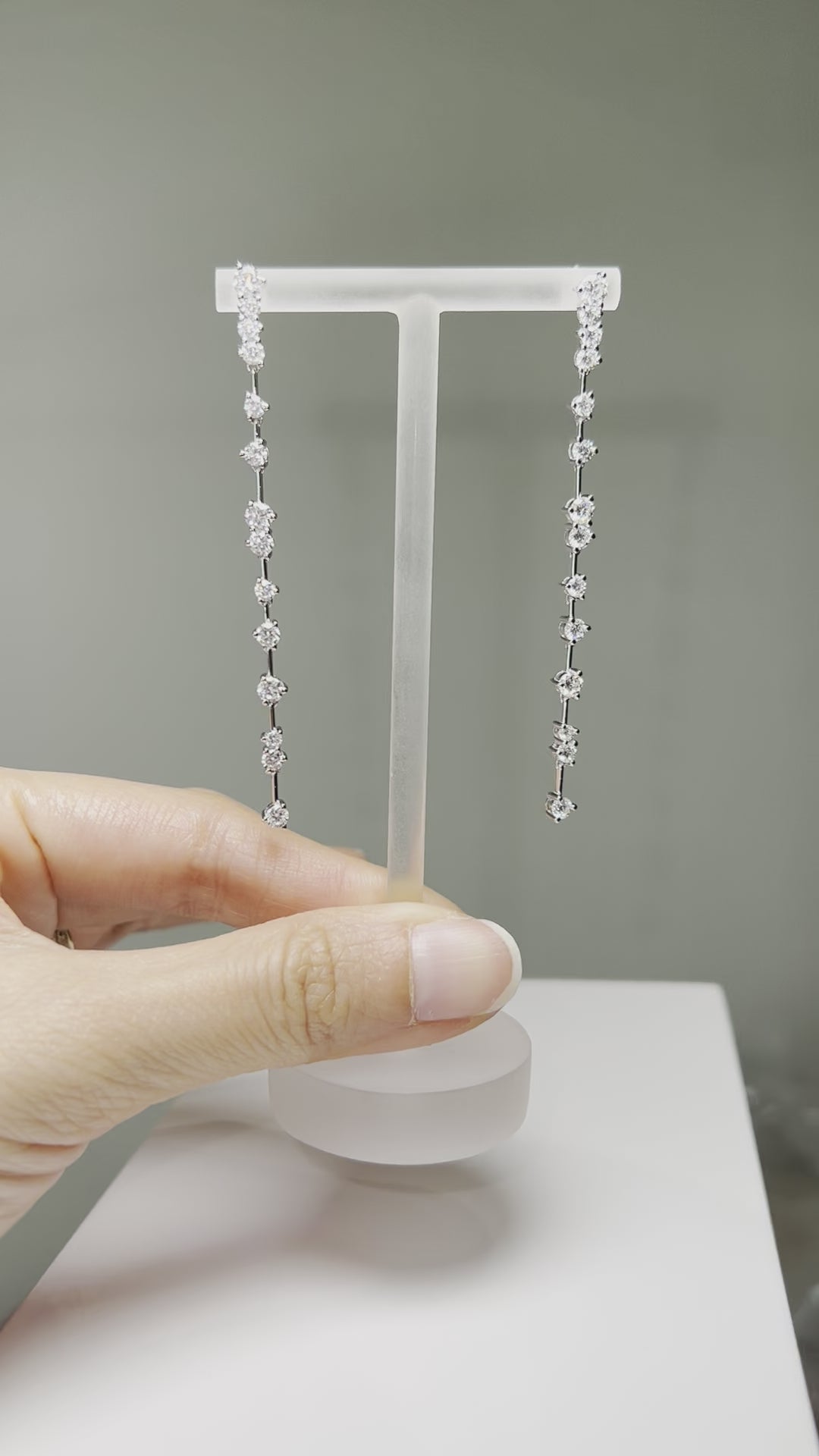 Long dangly dangle diamond earring studs wedding 14K solid gold moissanite lab grown