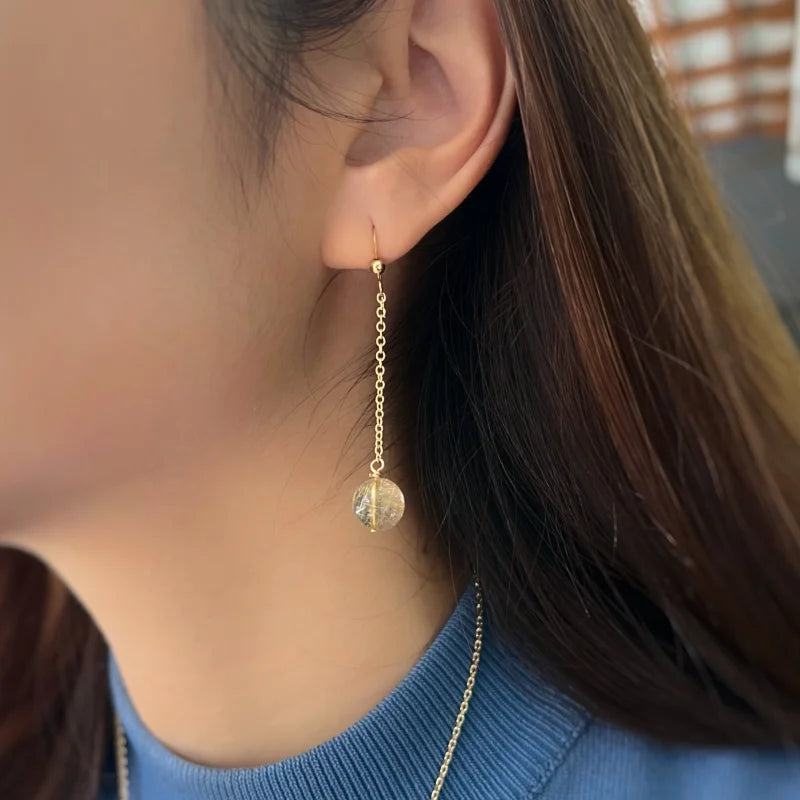Sunbeam | Golden Rutilated Quartz Handmade Ear Dangles | Lady Estere Jewellery | Worldwide 14K 18K Solid Gold Lab-Grown Diamond Moissanite
