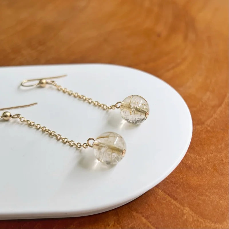 Sunbeam | Golden Rutilated Quartz Handmade Ear Dangles | Lady Estere Jewellery | Worldwide 14K 18K Solid Gold Lab-Grown Diamond Moissanite