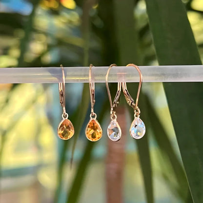 Teardrop | Charm Leverback Earrings (Citrine & Topaz) | Lady Estere Jewellery | Worldwide 14K 18K Solid Gold Lab-Grown Diamond Moissanite