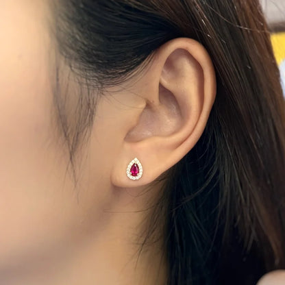 Teardrop | Ruby Halo Studs (Solid Rose Gold) | Lady Estere Jewellery | Worldwide Shipping 14K 18K Solid Gold Lab-Grown Diamond Moissanite
