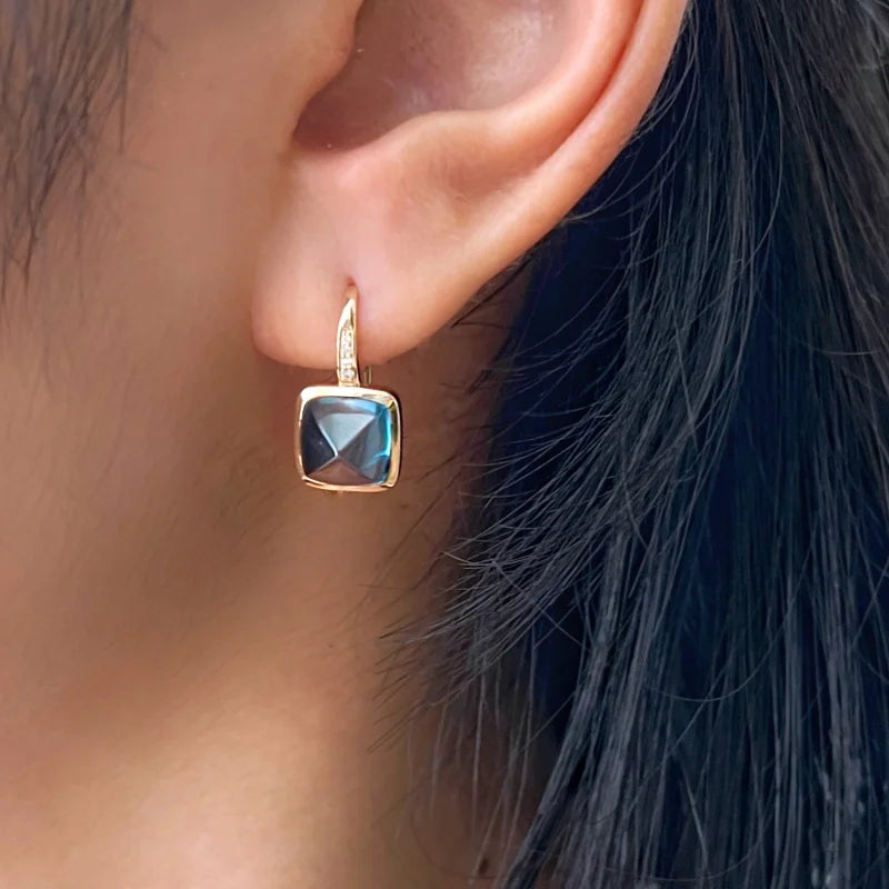 Terra-Ocean | London Blue Topaz Earrings (Solid Gold) 14K Rose Gold Round Halo Ruby & Diamond Studs (lab-grown) Lady Estere Jewellery 18K