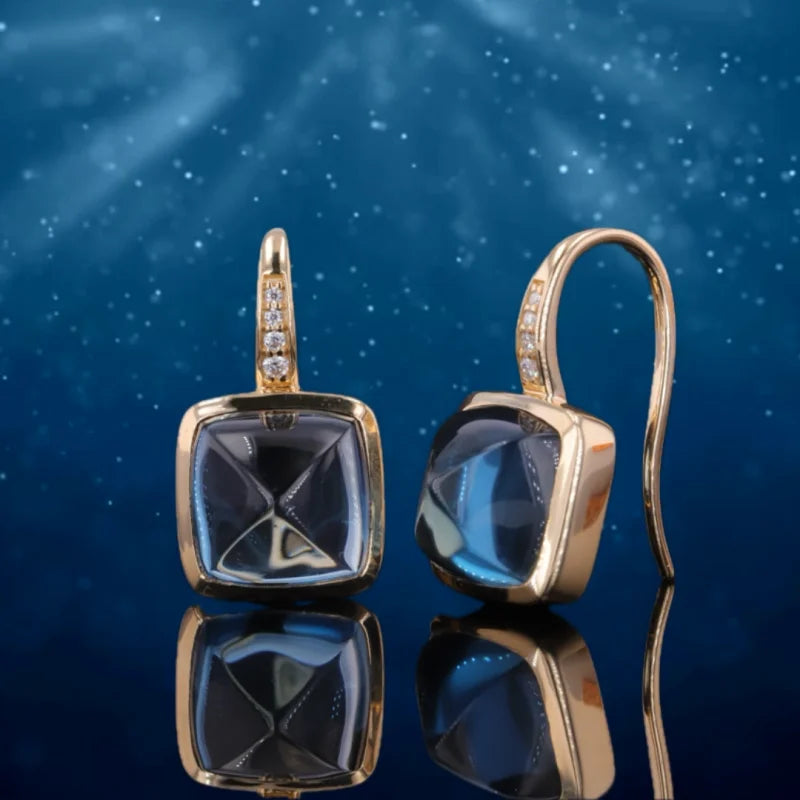 Terra-Ocean | London Blue Topaz Earrings (Solid Gold) 14K Rose Gold Round Halo Ruby & Diamond Studs (lab-grown) Lady Estere Jewellery 18K