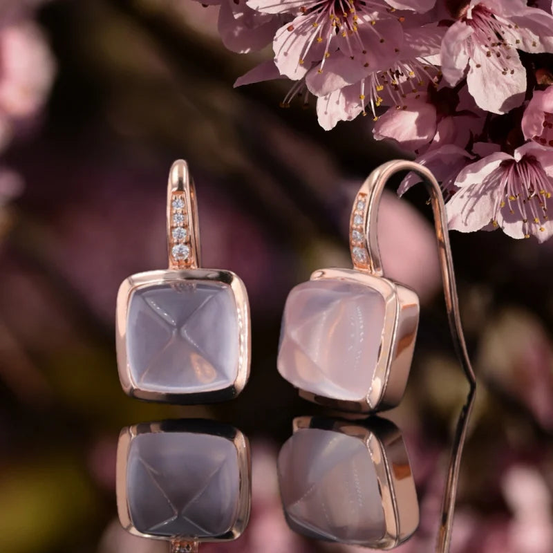 Terra-Sakura | Rose Quartz Drop Earrings (Solid Gold) 14K Gold Round Halo Ruby & Diamond Studs (lab-grown) Lady Estere Jewellery 18K Solid
