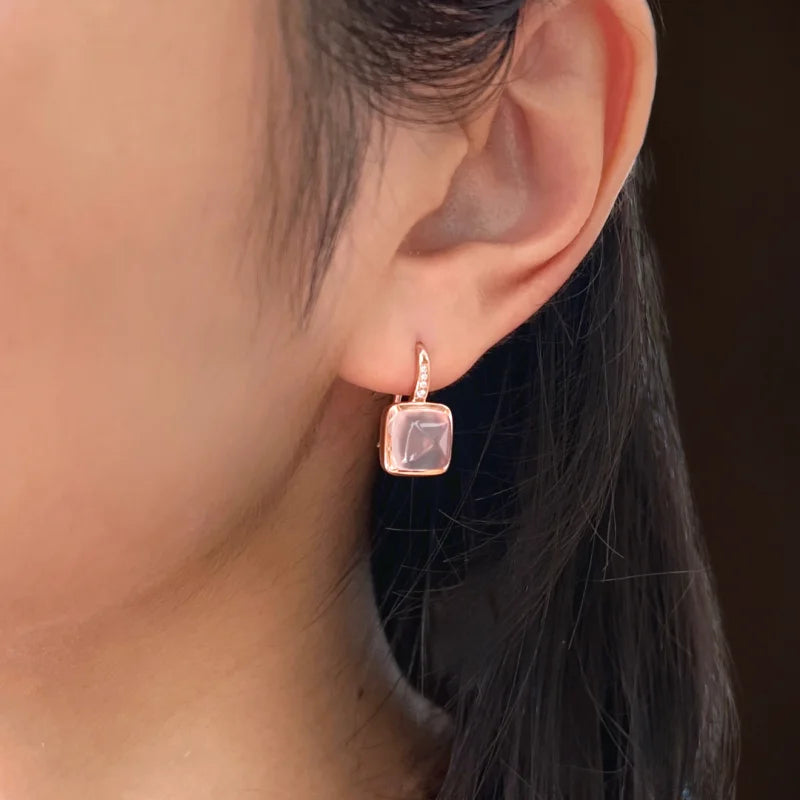 Terra Sakura | Rose Quartz Drop Earrings (Solid Gold) | Lady Estere Jewellery | Worldwide 14K 18K Solid Gold Lab Grown Diamond Moissanite