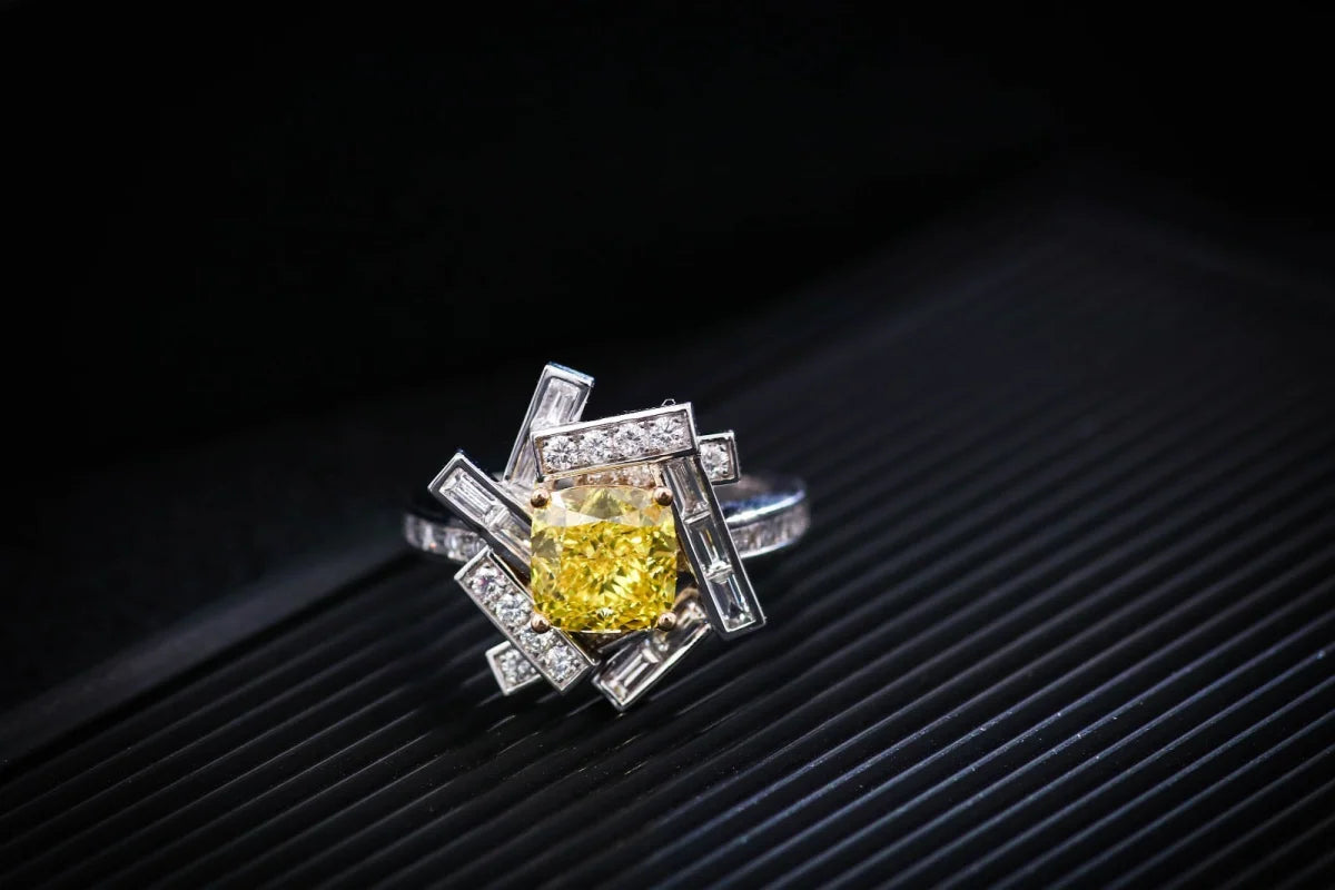Threads | Yellow Diamond Cushion Cut Statement Ring Lady Estere Jewellery Worldwide 14K 18K Solid Gold Lab - Grown Moissanite White Rose