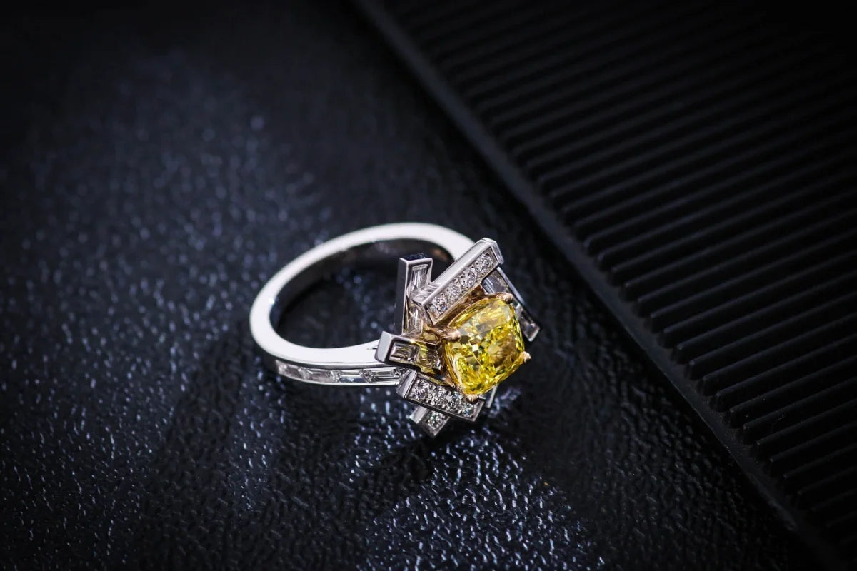 Threads | Yellow Diamond Cushion Cut Statement Ring Lady Estere Jewellery Worldwide 14K 18K Solid Gold Lab - Grown Moissanite White Rose