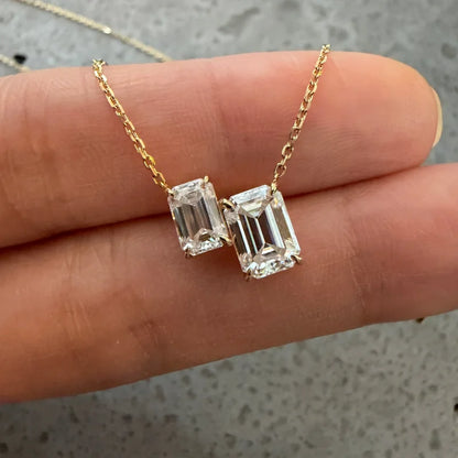 Twin | Double Emerald Cut Necklace & Stud Set (Solid Gold) | Lady Estere Jewellery 14K 18K Solid Gold Lab-Grown Diamond Moissanite White