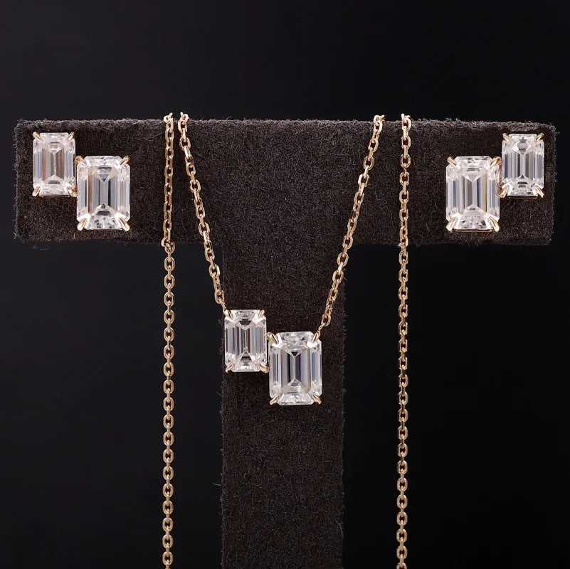 Twin | Double Emerald Cut Necklace & Stud Set (Solid Gold) | Lady Estere Jewellery 14K 18K Solid Gold Lab-Grown Diamond Moissanite White