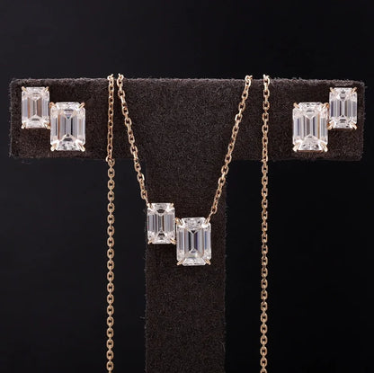 Twin | Double Emerald Cut Necklace & Stud Set (Solid Gold) | Lady Estere Jewellery 14K 18K Solid Gold Lab-Grown Diamond Moissanite White