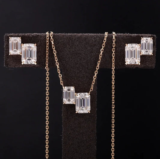 Twin | Double Emerald Cut Necklace & Stud Set (Solid Gold) | Lady Estere Jewellery 14K 18K Solid Gold Lab-Grown Diamond Moissanite White