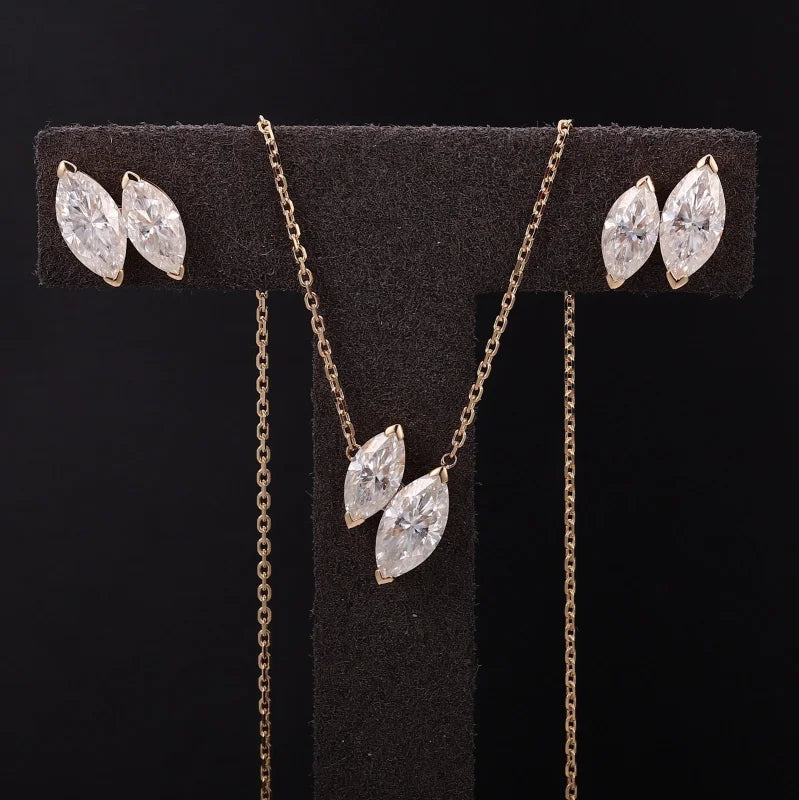 Twin | Double Marquise Cut Necklace & Stud Earrings (Solid Gold) | Lady Estere Jewellery 14K 18K Solid Gold Lab-Grown Diamond Moissanite