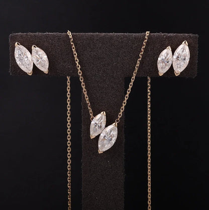 Twin | Double Marquise Cut Necklace & Stud Earrings (Solid Gold) | Lady Estere Jewellery 14K 18K Solid Gold Lab-Grown Diamond Moissanite