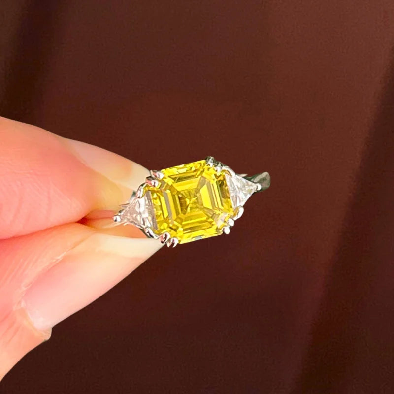 Yellow Sapphire Asscher Cut Trilogy Ring | Lady Estere Jewellery | Worldwide Shipping 14K 18K Solid Gold Lab-Grown Diamond Moissanite White