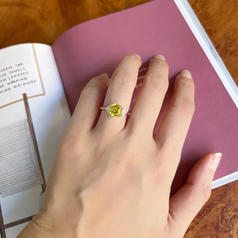 Yellow Sapphire Trilogy Ring | Lady Estere Jewellery | Worldwide Shipping 14K 18K Solid Gold Lab-Grown Diamond Moissanite White Rose SG,