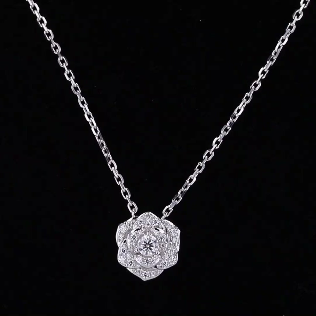 Rose 3D Floral Diamond Necklace Solid Gold Lady Estere